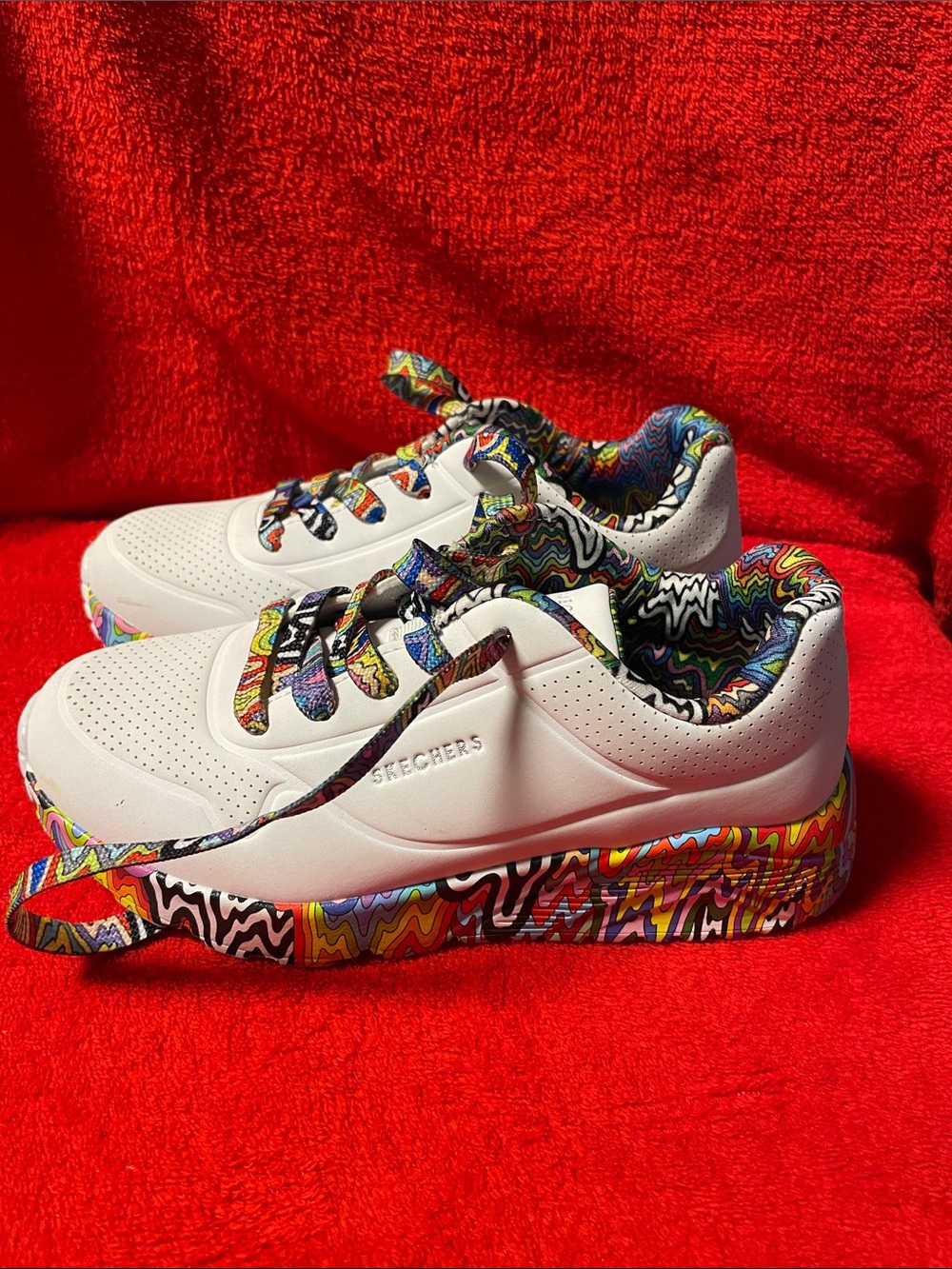 Skechers Kids White Sneakers with Vibrant Multicolor Swirl Accents size1